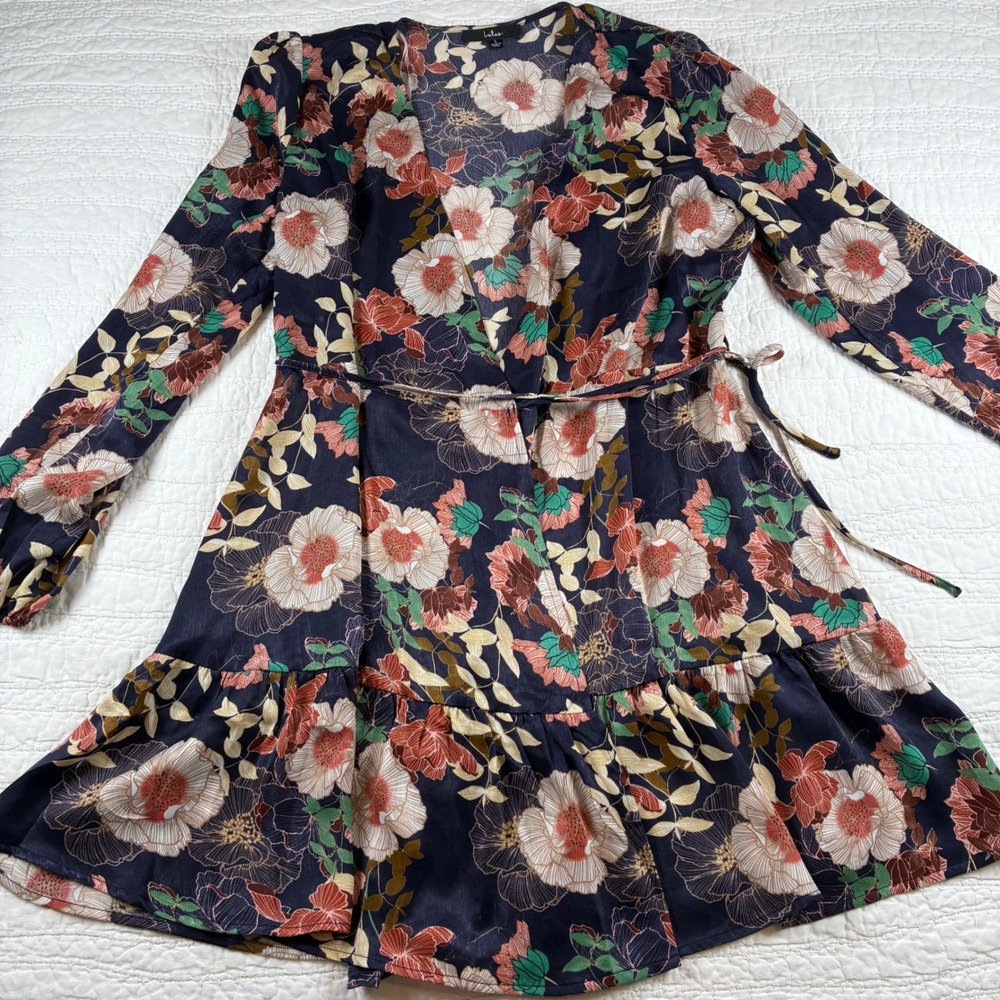 Lulus So Splendid Navy Blue Floral Long Sleeve Wrap Dress Sz L Boho Cottagecore